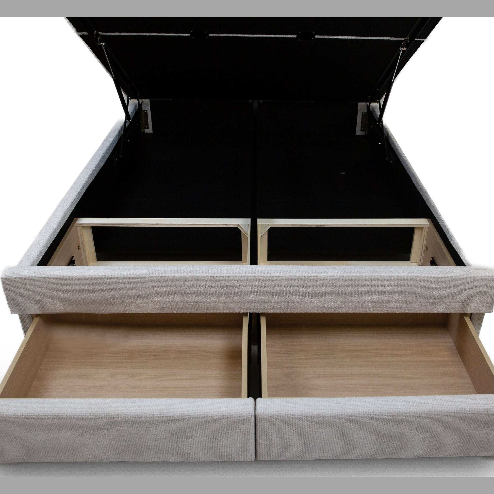 Front view of the Norell storage bed featuring a neutral woven fabric finish and a vertical channel tufted headboard