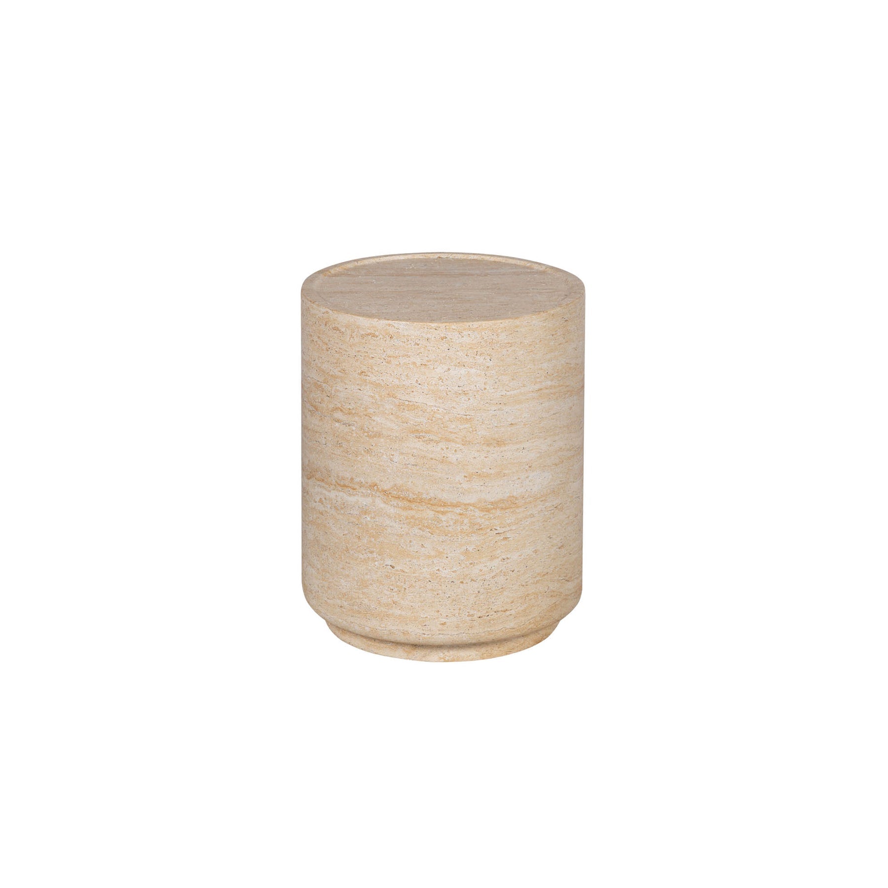 Front view of the Zac side table featuring a solid cylindrical drum silhouette crafted from natural beige travertine stone