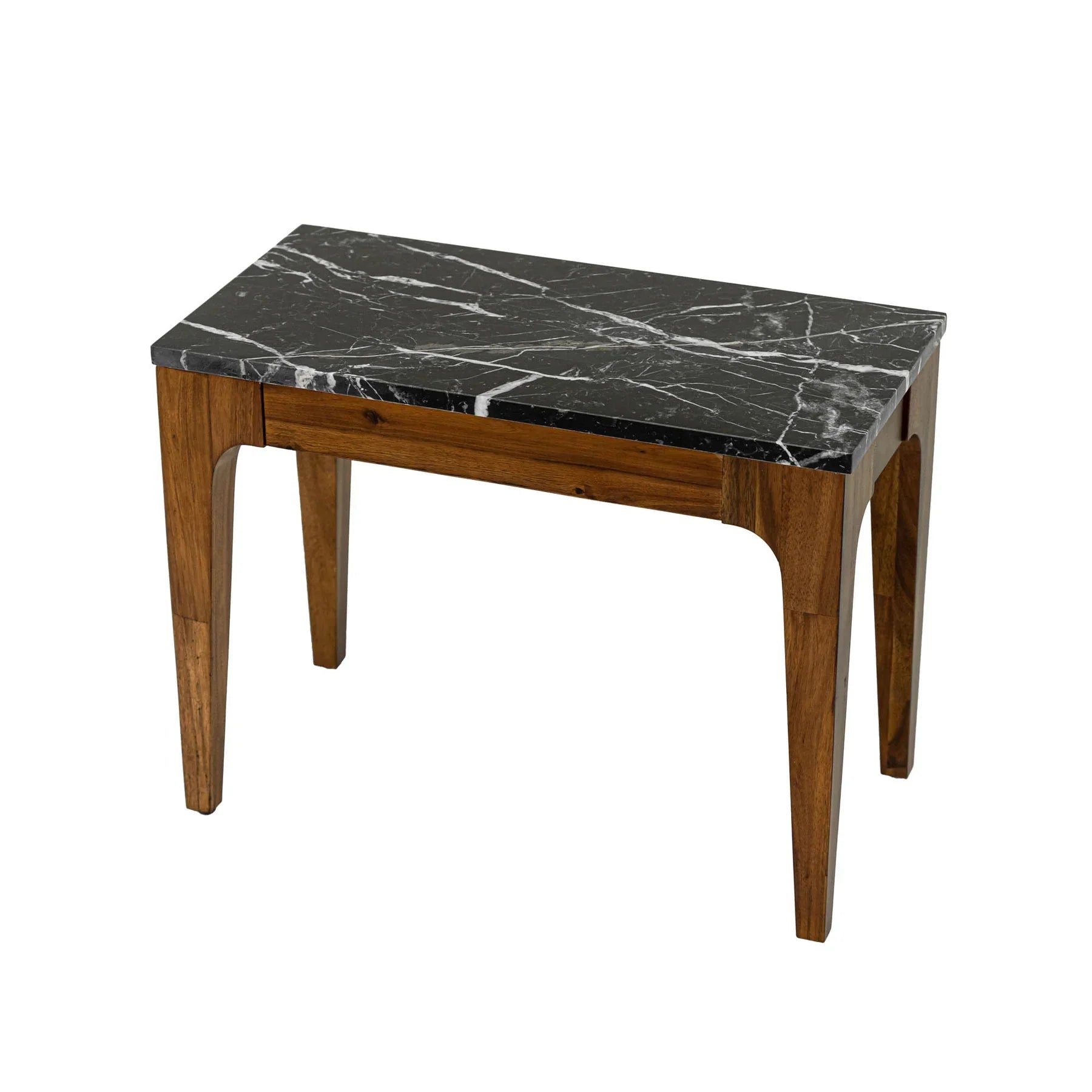 Three-quarter view of the Allure side table featuring a thick black marble top with white veining and a tapered walnut wood frame