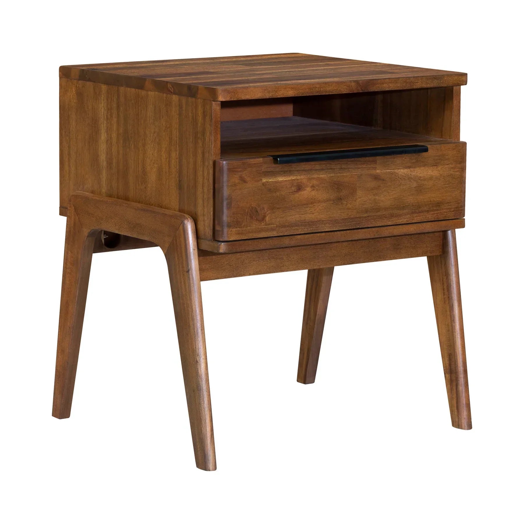 Front view of the Remix nightstand featuring a rich walnut finish, a single drawer with a slim black handle, and an open upper storage shelf