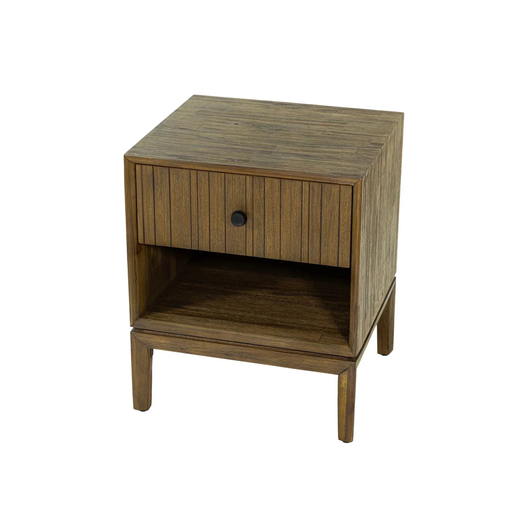 Front view of the West nightstand featuring a rich walnut finish, a single drawer with vertical ribbed detailing, and a lower open storage shelf