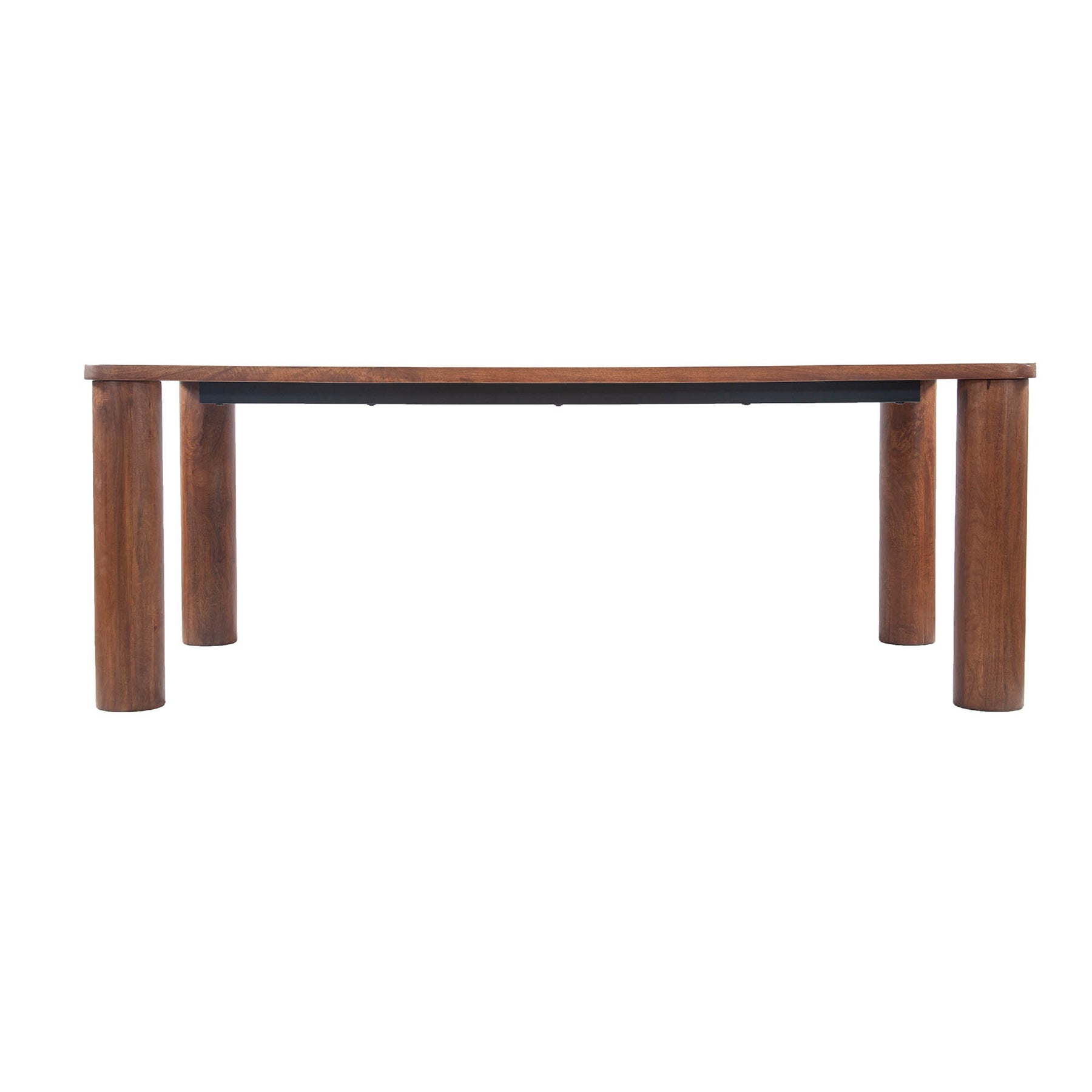 Straight-on front view highlighting the clean architectural lines and smooth rectangular top of the Evolution dining table