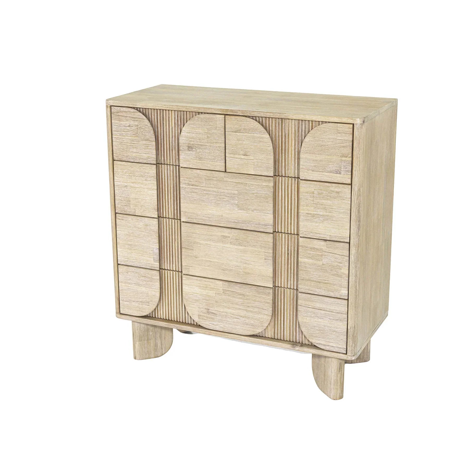 Front view of the Haru 5-drawer vertical chest featuring a light white oak finish and unique fluted facade with soft rounded paneling