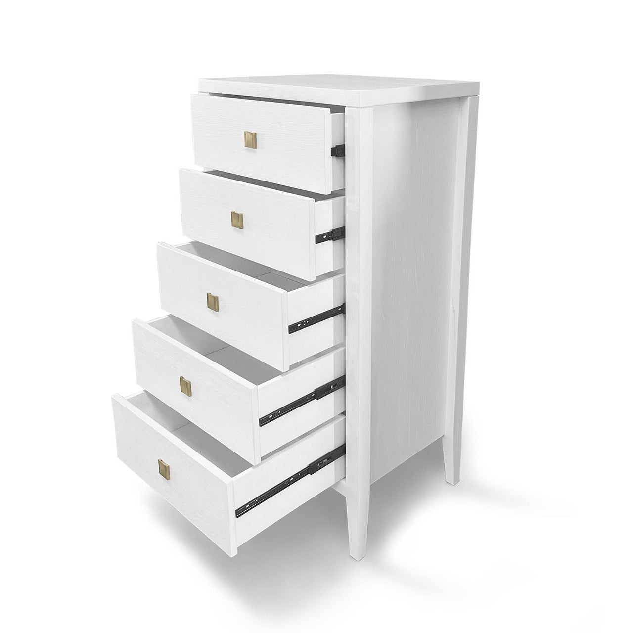 Three-quarter perspective view with multiple drawers open showcasing the spacious storage and sleek integrated design