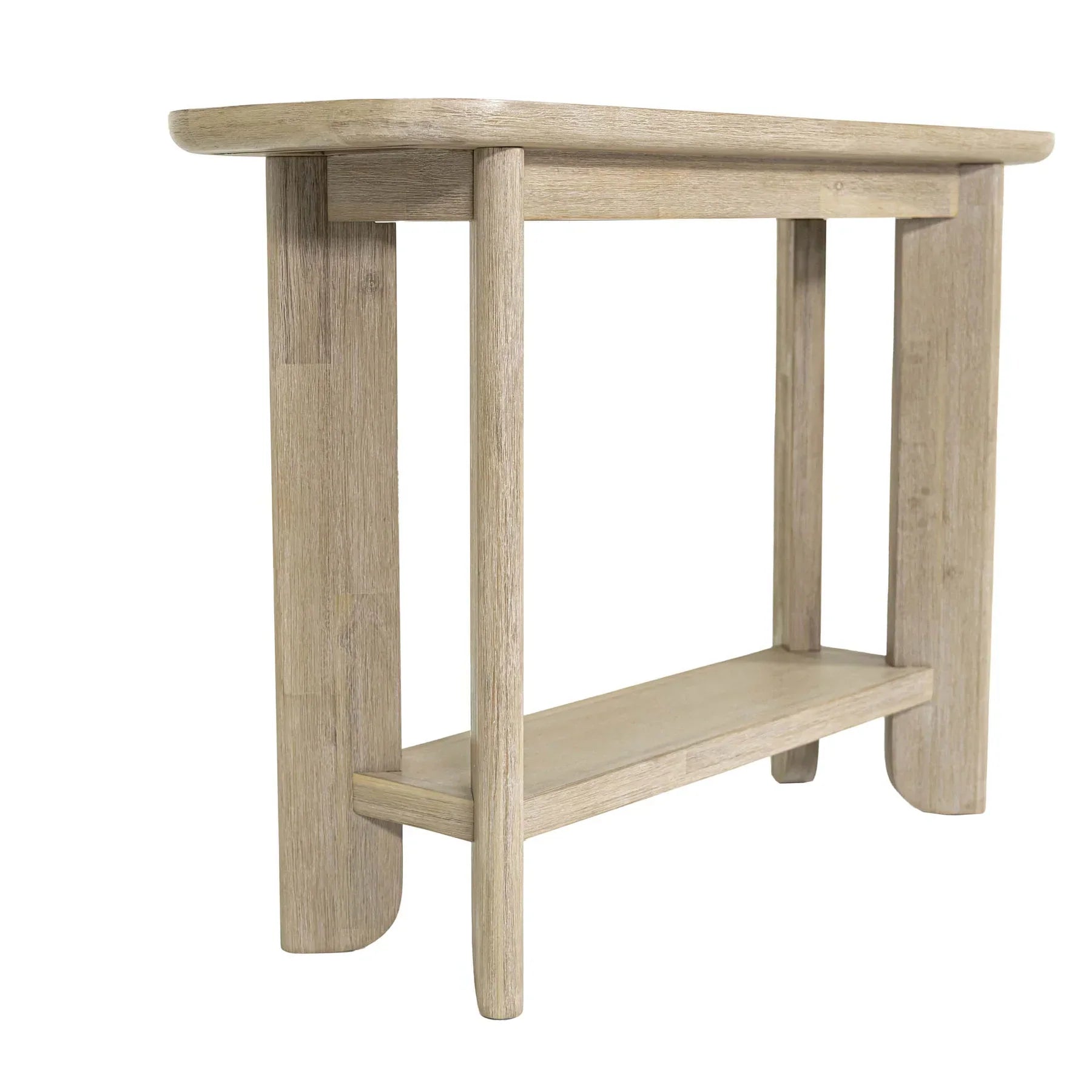 Straight-on front view of the Haru console table featuring a minimalist architectural design in whitewash solid wood