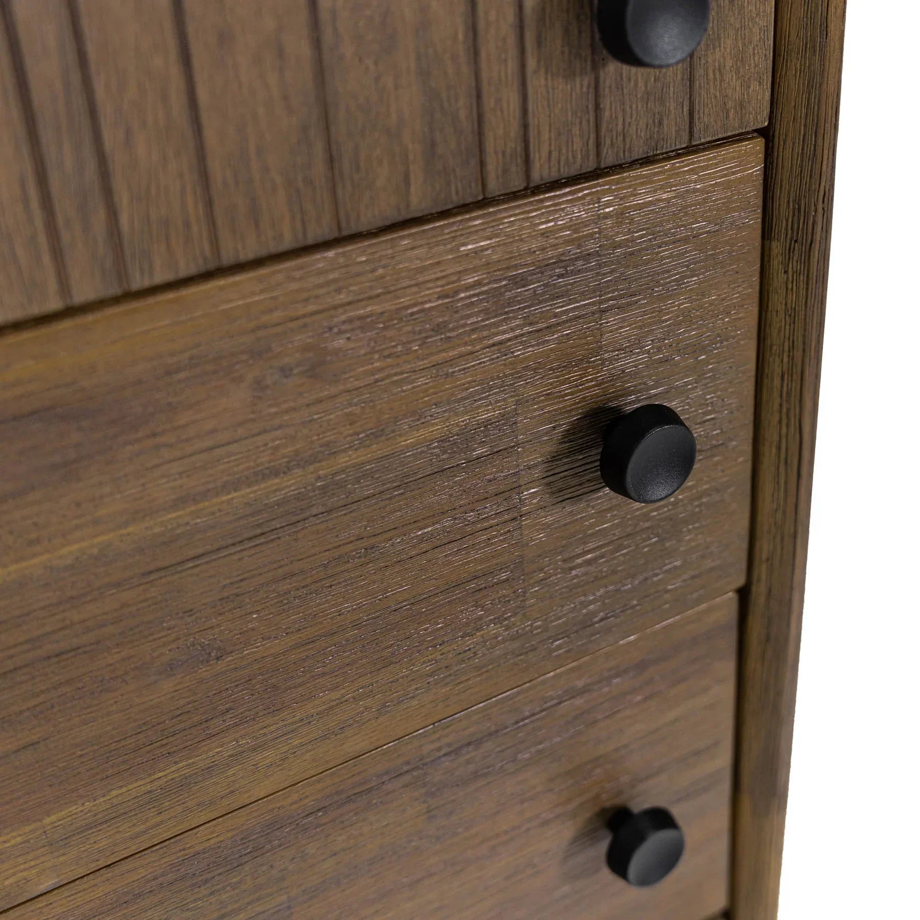 Front view of the West 5-drawer vertical chest featuring a rich natural wood finish, dark circular knobs, and a top drawer with vertical fluted detailing