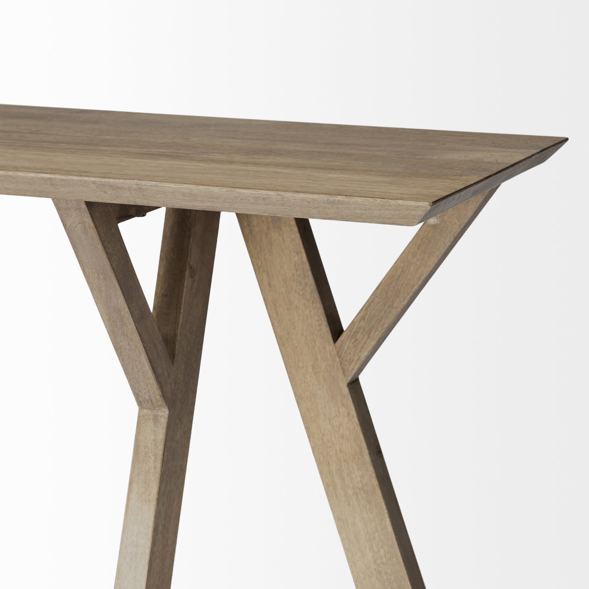 Front view of the Jennings console table in brown wood featuring a minimalist architectural design with unique Y-shaped legs