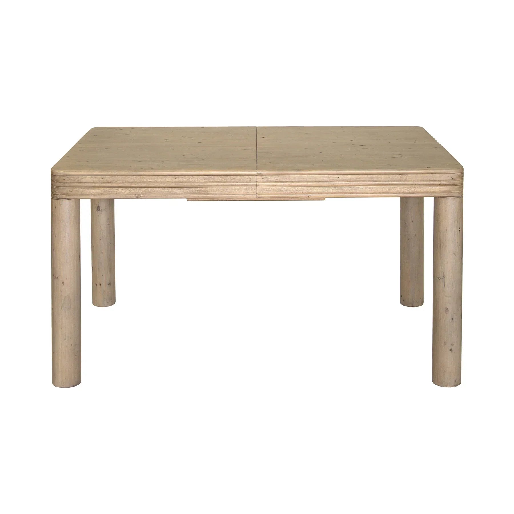 Front view of the Opera extension dining table in a light wood finish featuring thick cylindrical ribbed legs
