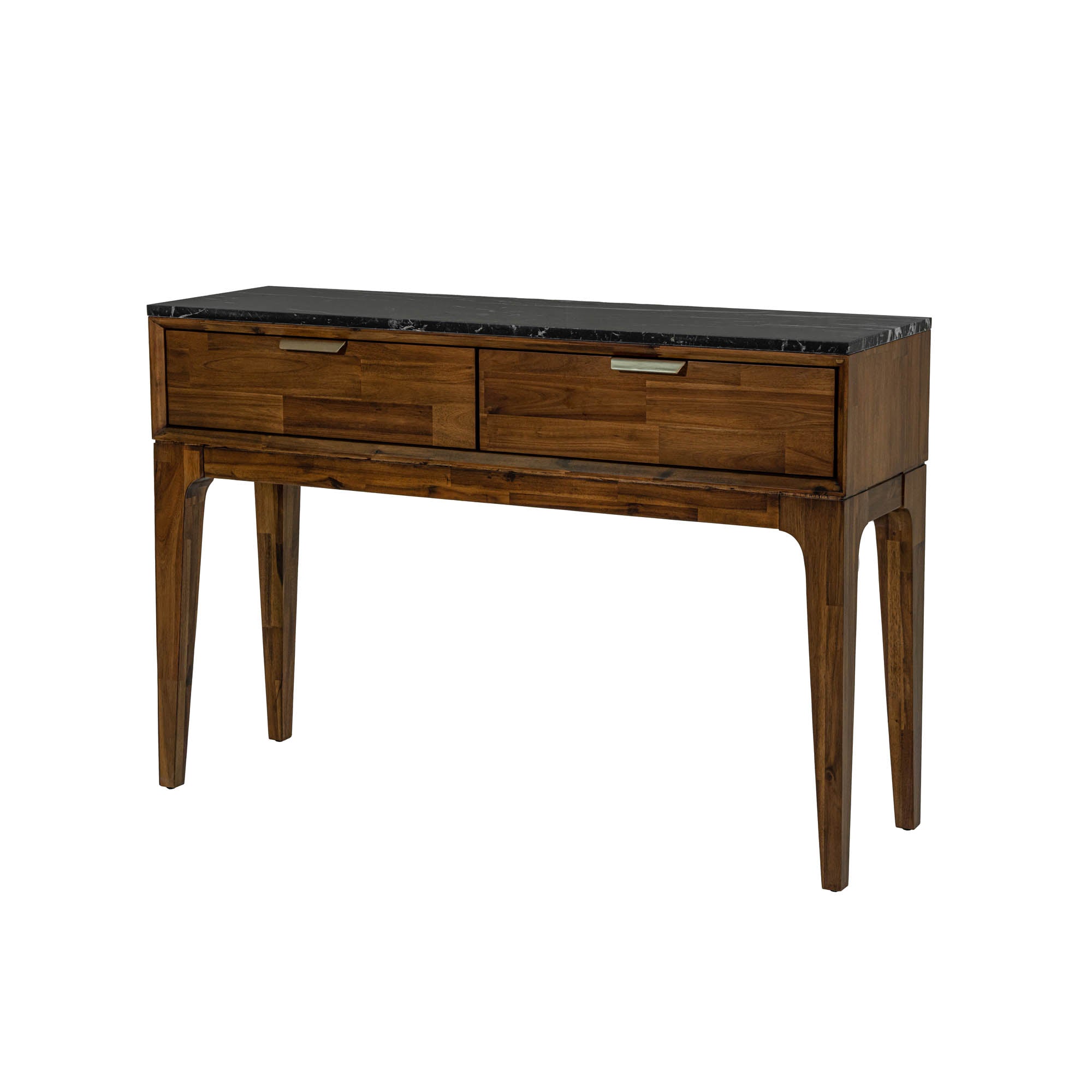 Front view of the Allure console table featuring a warm solid wood frame, two storage drawers with gold handles, and a premium black marble top