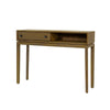 Three-quarter perspective view highlighting the clean lines and narrow footprint of the minimalist wood console table
