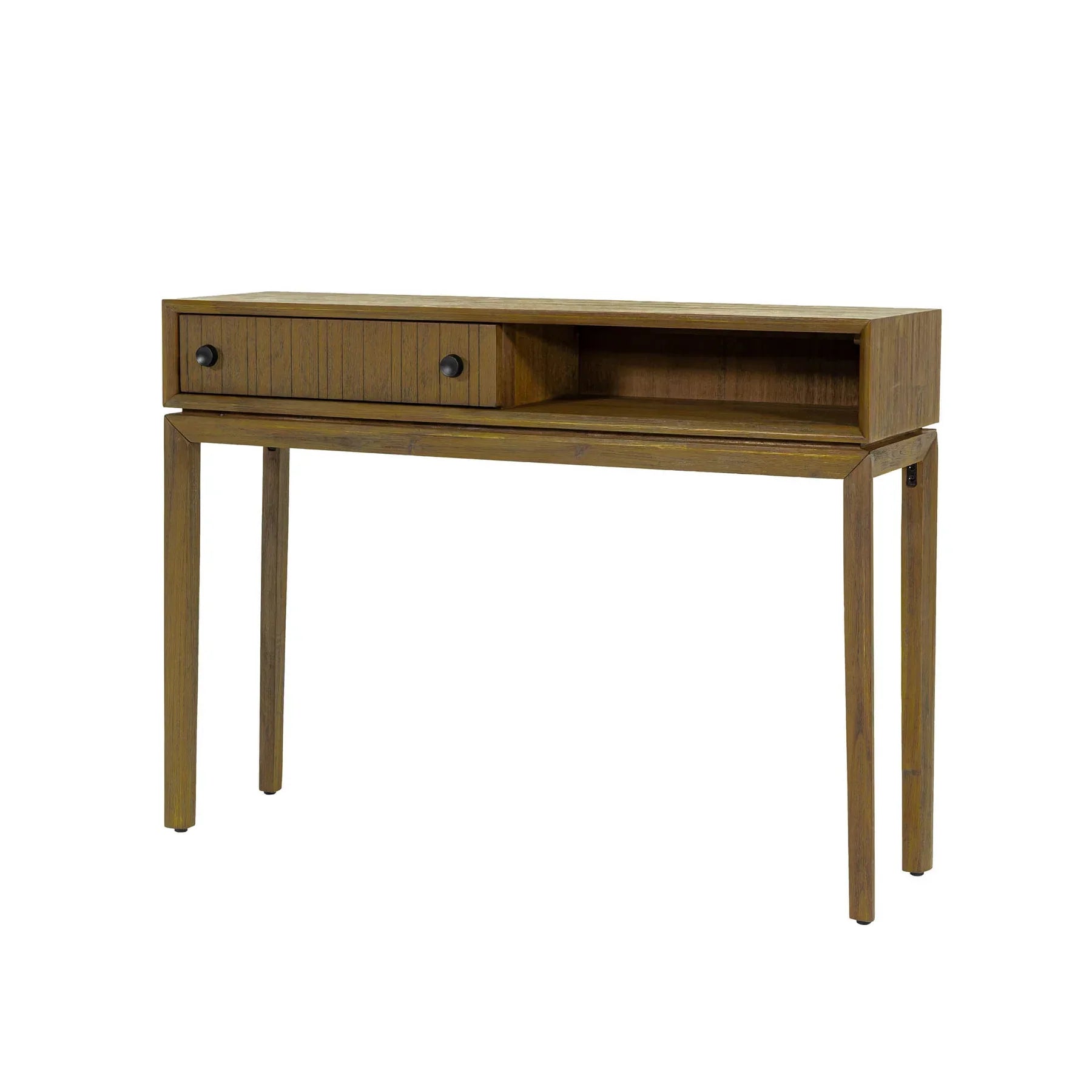 Front view of the West console table in a rich wood finish featuring a slim architectural frame, an integrated drawer with fluted texture, and an open storage cubby