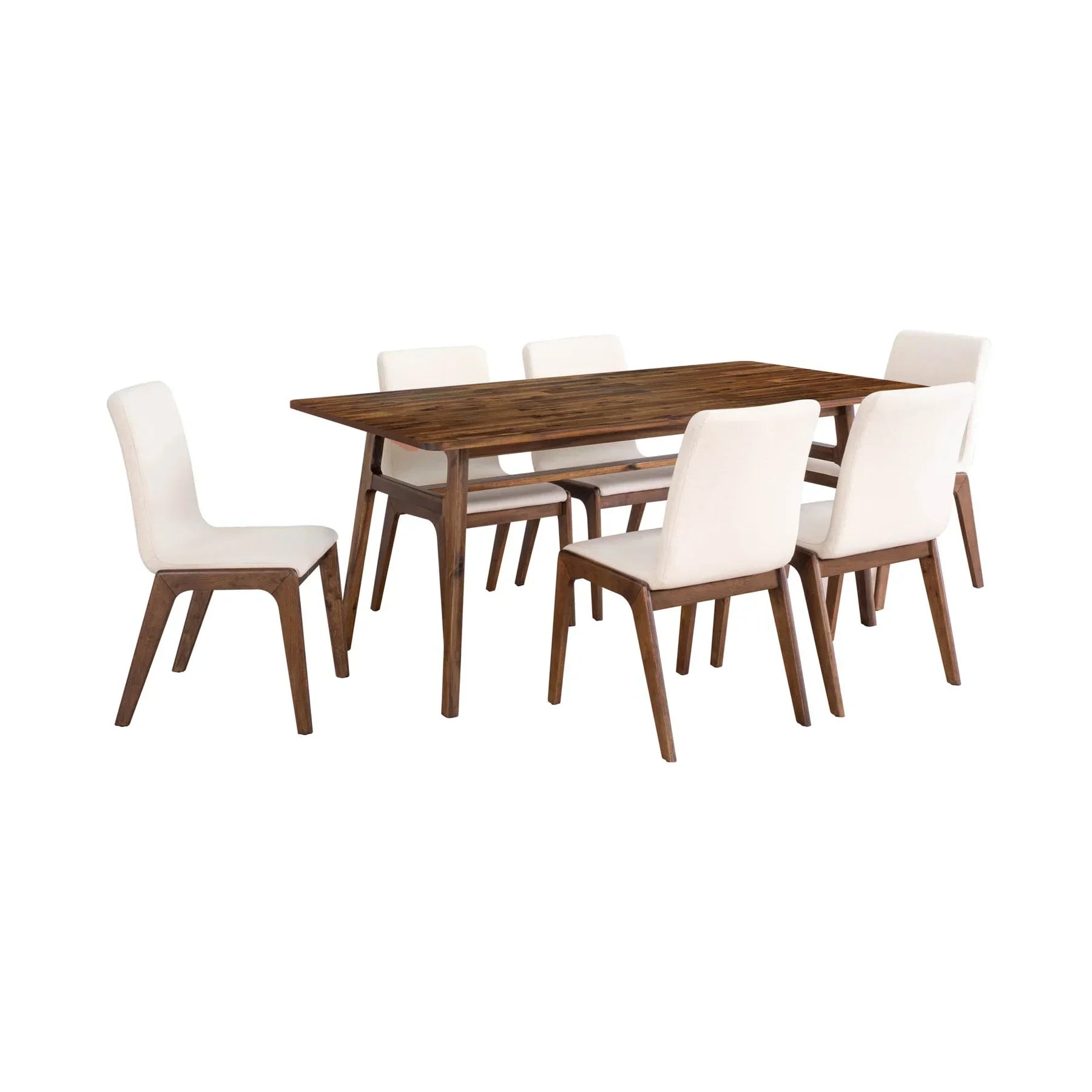 Front view of the Remix dining table in a rich walnut-toned acacia wood featuring a minimalist rectangular top and flared tapered legs