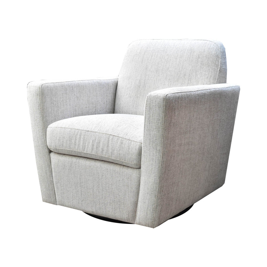 Three-quarter perspective of the white Cooper chair highlighting its structured arms and plush seat