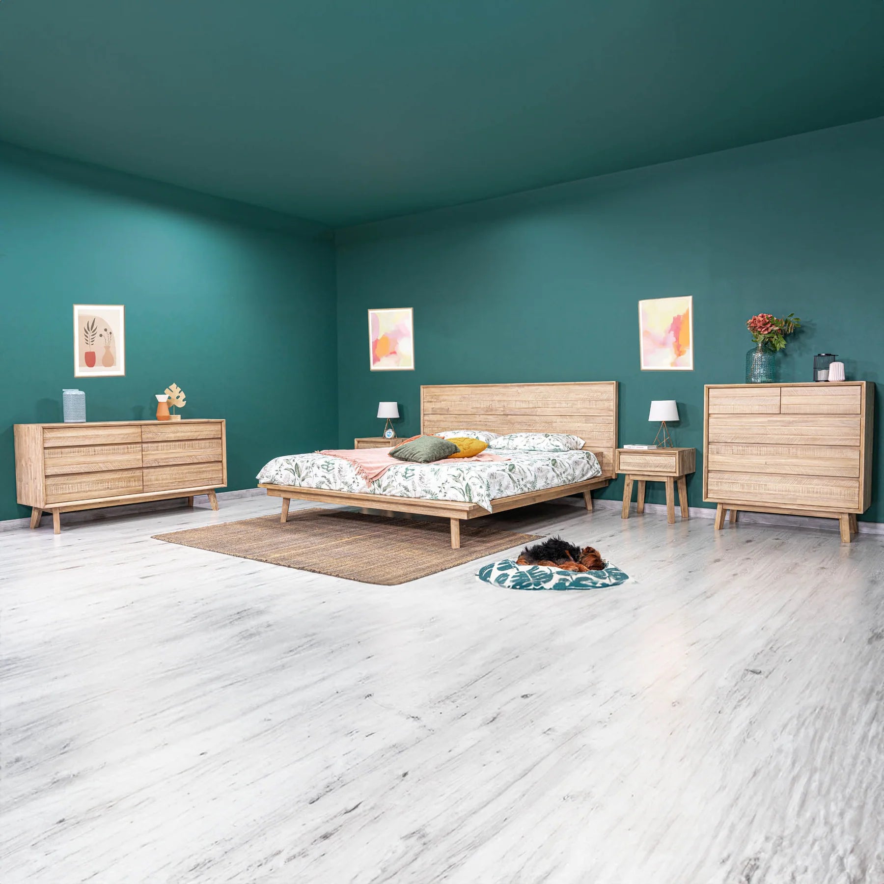Front view of the Gia 6-drawer dresser featuring a light natural wood finish with a horizontal planked design and minimalist handle-free drawers