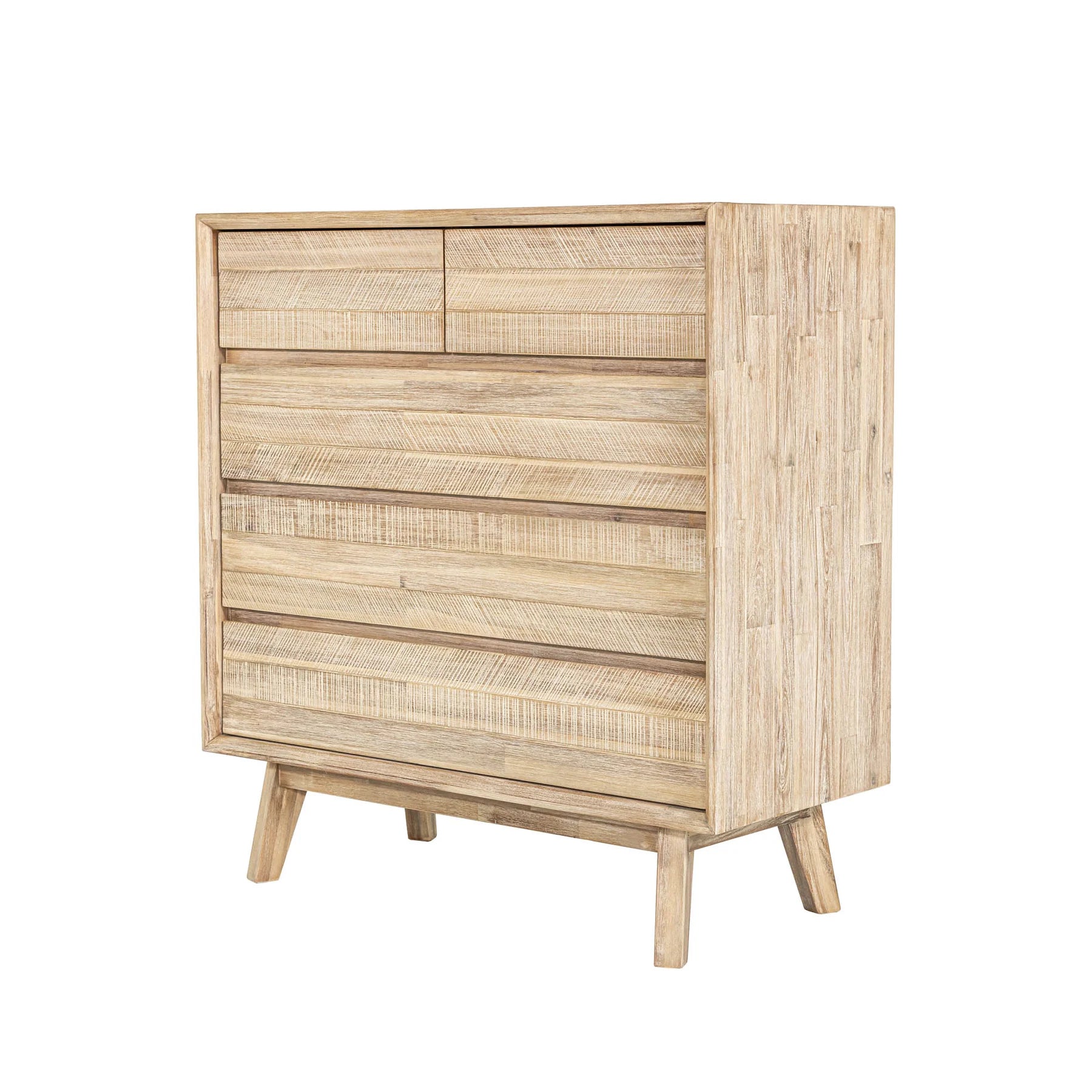 Front view of the Gia 5-drawer vertical chest featuring a light natural wood finish with horizontal planked detailing and handle-free drawers