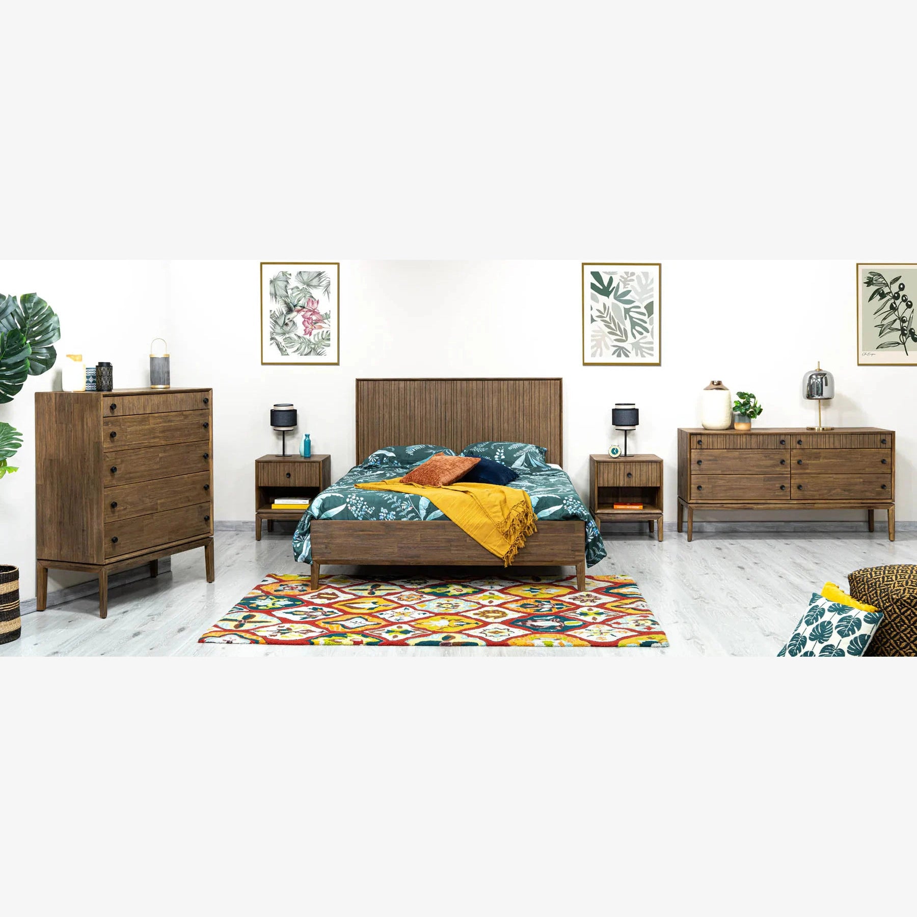 Front view of the West 6-drawer double dresser featuring a rich natural wood finish, dark circular knobs, and top drawers with vertical fluted detailing