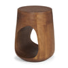 Three-quarter view of the Cove accent table in a medium brown wood finish highlighting the smooth curved interior of the open cutout