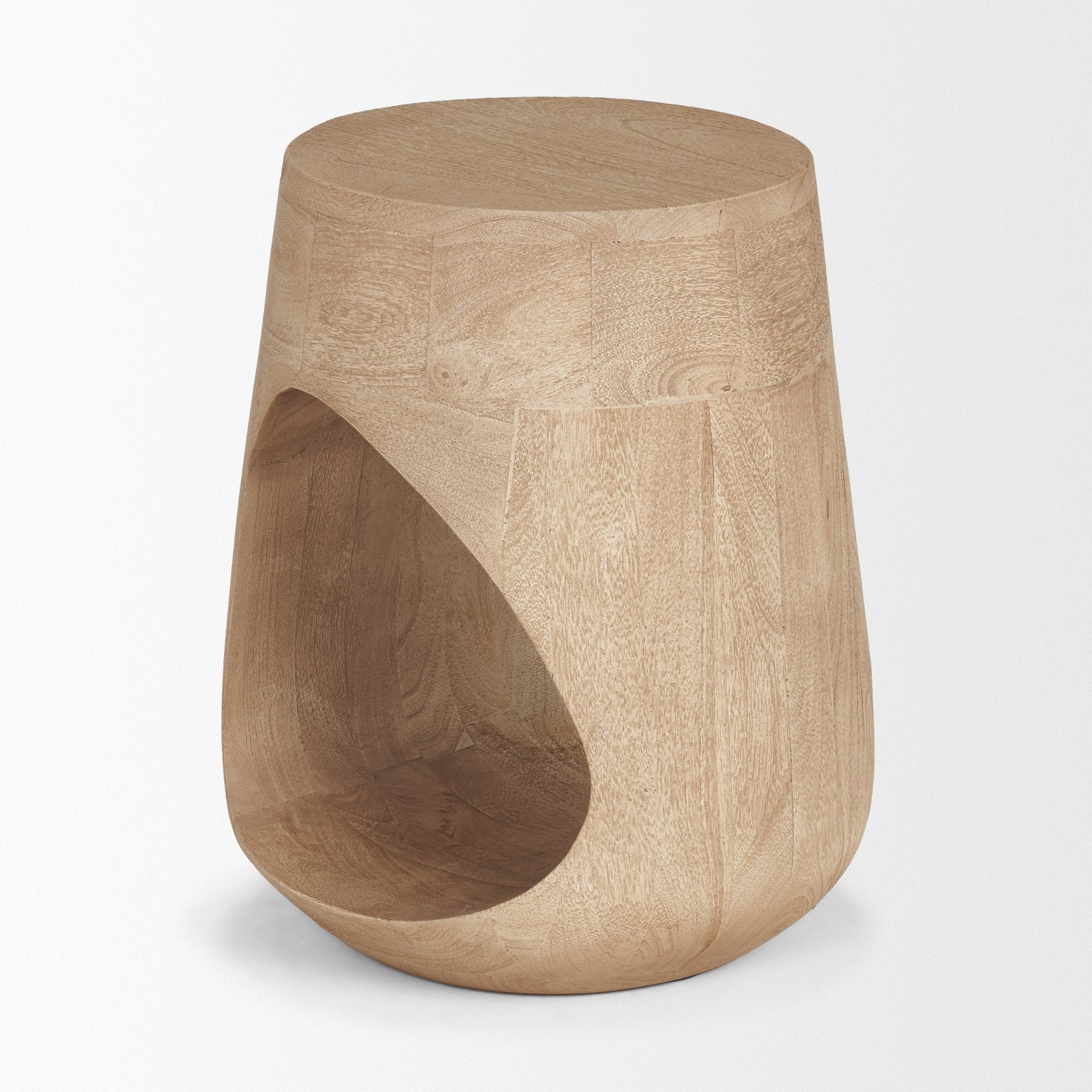 Side-angle view in light natural wood emphasizing the elegant taper and seamless joinery of the sculptural pedestal