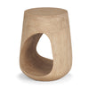 Front view of the Cove side table in natural wood featuring a tapered cylindrical silhouette with a large organic teardrop-shaped cutout