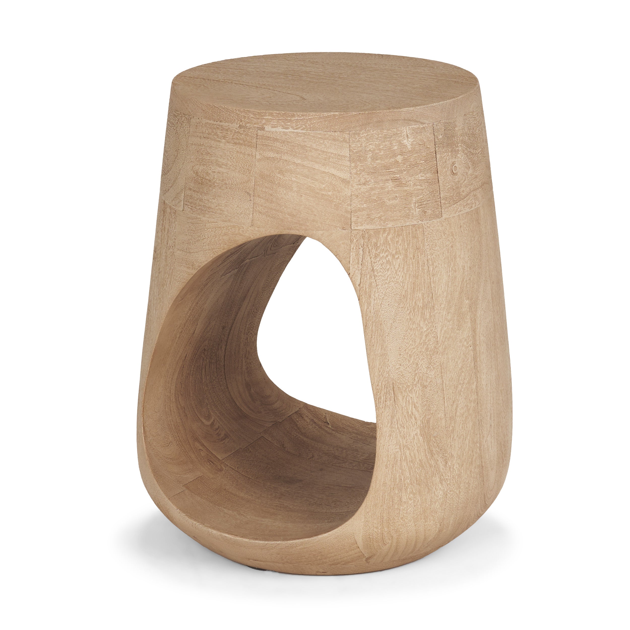 Front view of the Cove side table in natural wood featuring a tapered cylindrical silhouette with a large organic teardrop-shaped cutout