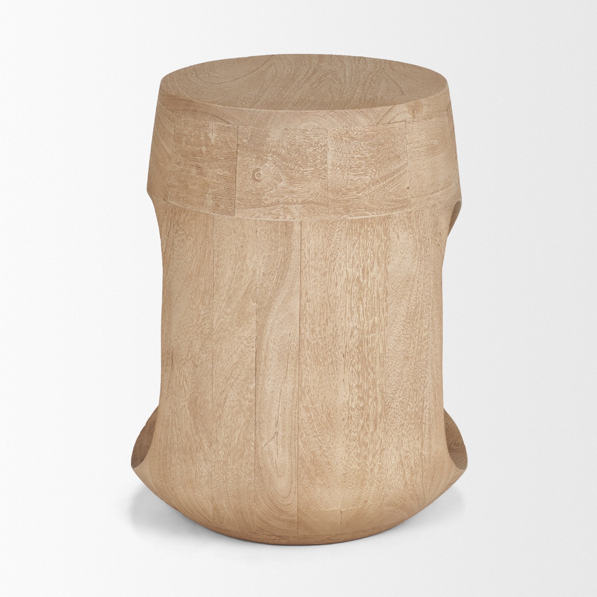 Straight-on profile view of the natural wood variant highlighting the balanced proportions of the circular top and base