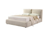 Three-quarter perspective view showcasing the soft tactile texture of the cream bouclé fabric and the modern architectural silhouette