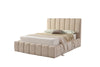 Three-quarter perspective view highlighting the plush upholstered frame and the clean vertical lines of the headboard design
