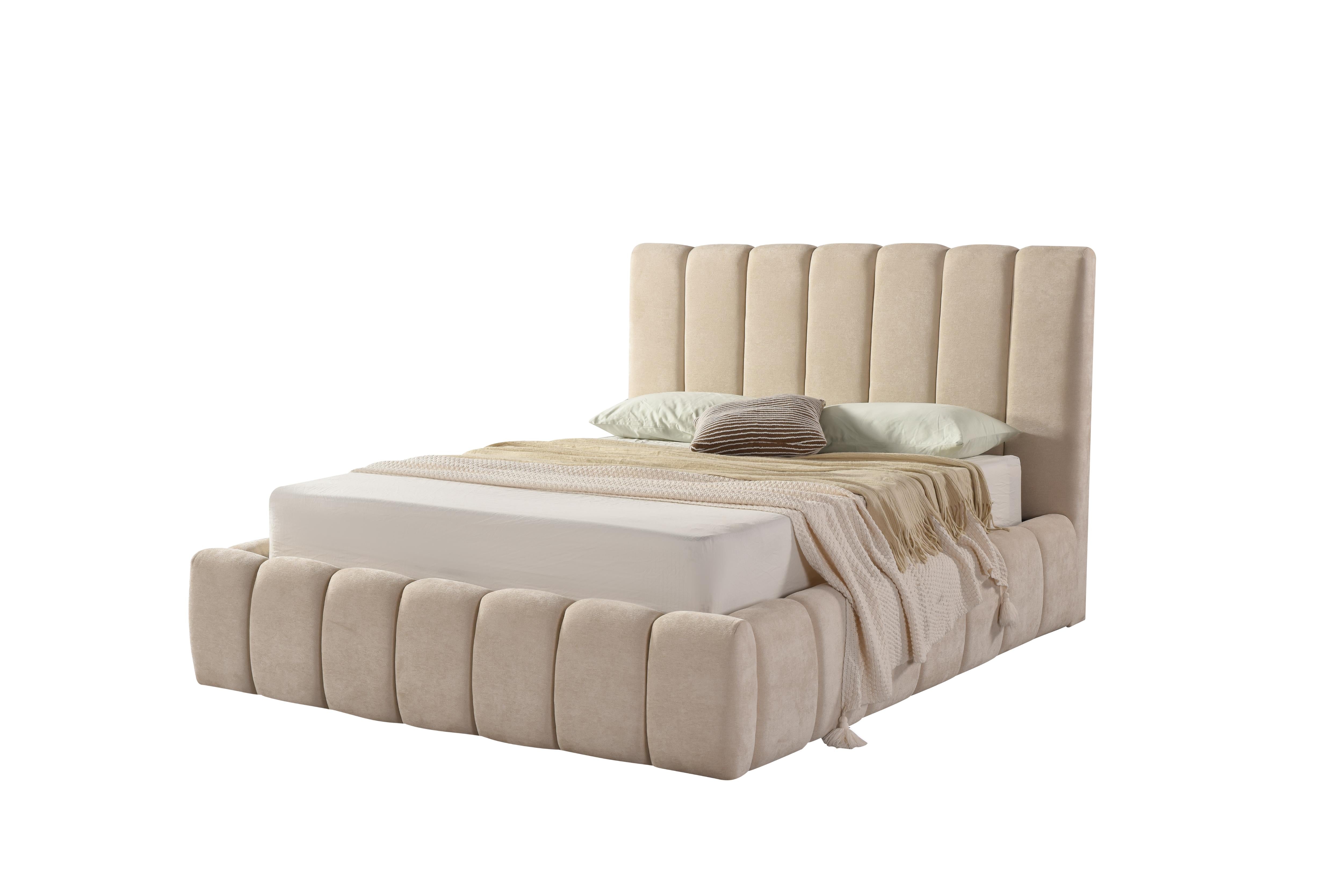 Front view of the Seng upholstered storage bed featuring a cream vertical channel tufted headboard and matching fabric base