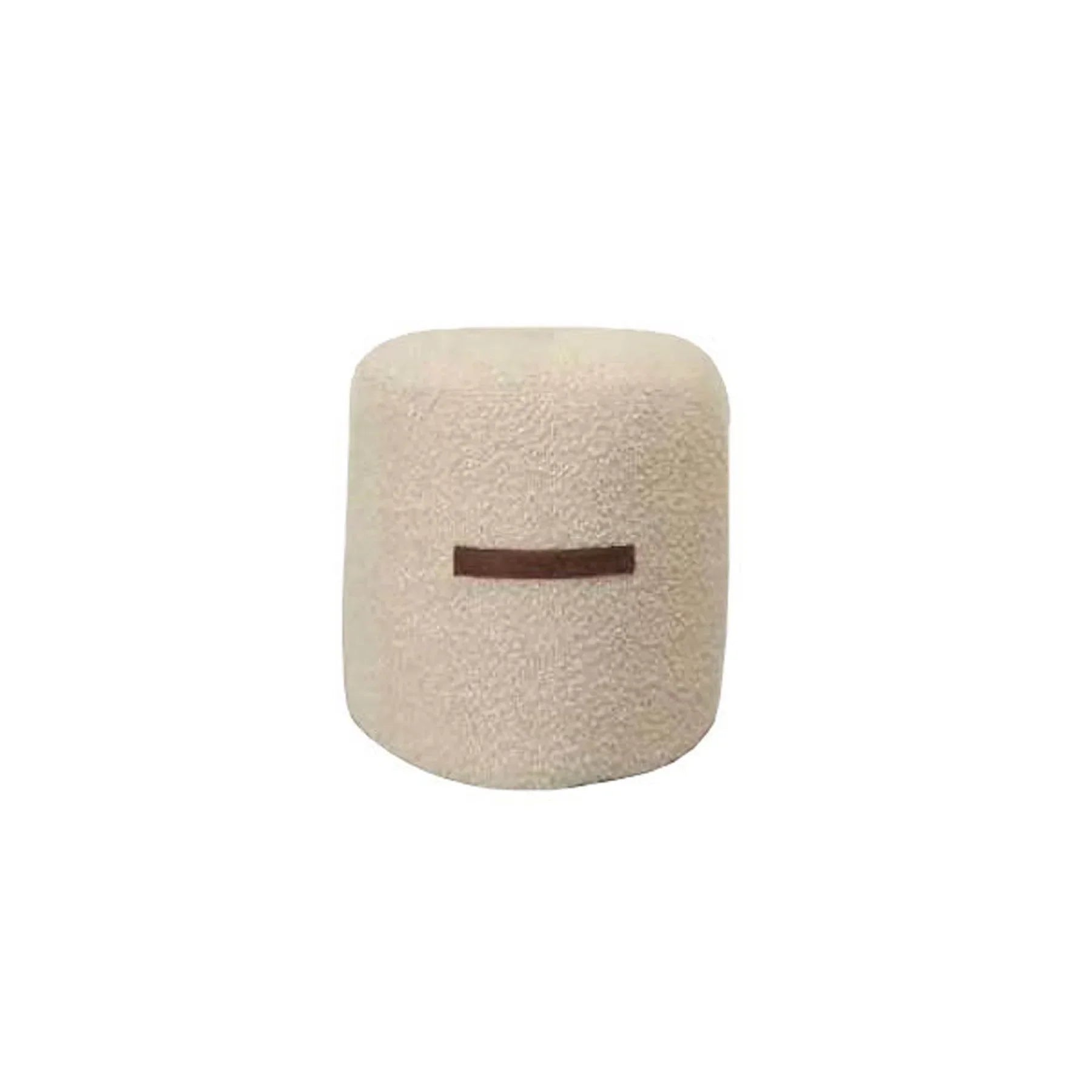 Front view of the Cushy cylindrical ottoman featuring cream bouclé upholstery and a decorative brown leather-style horizontal handle