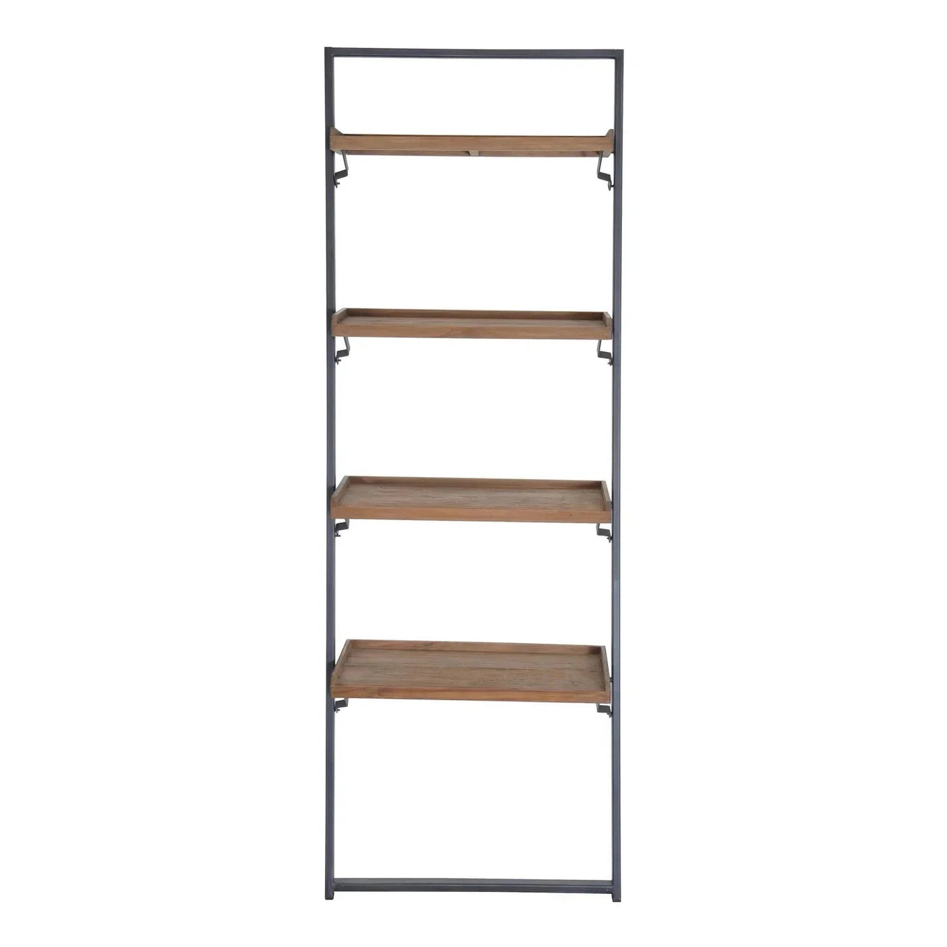 Straight-on front view of the D-Bodhi wall rack featuring a slim black metal frame and four reclaimed wood tray shelves