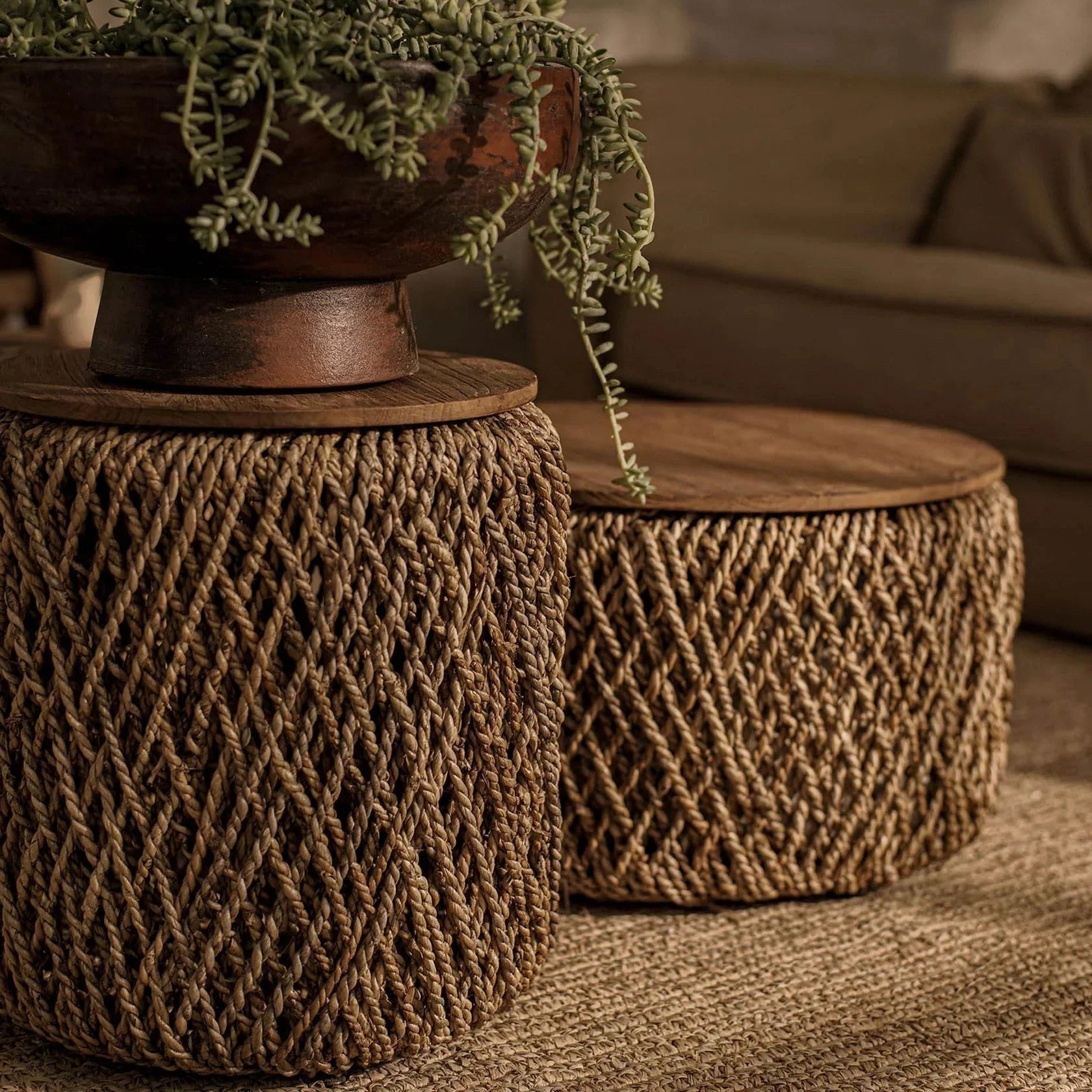D-Bodhi Knut woven rope drum side table with natural wood lid