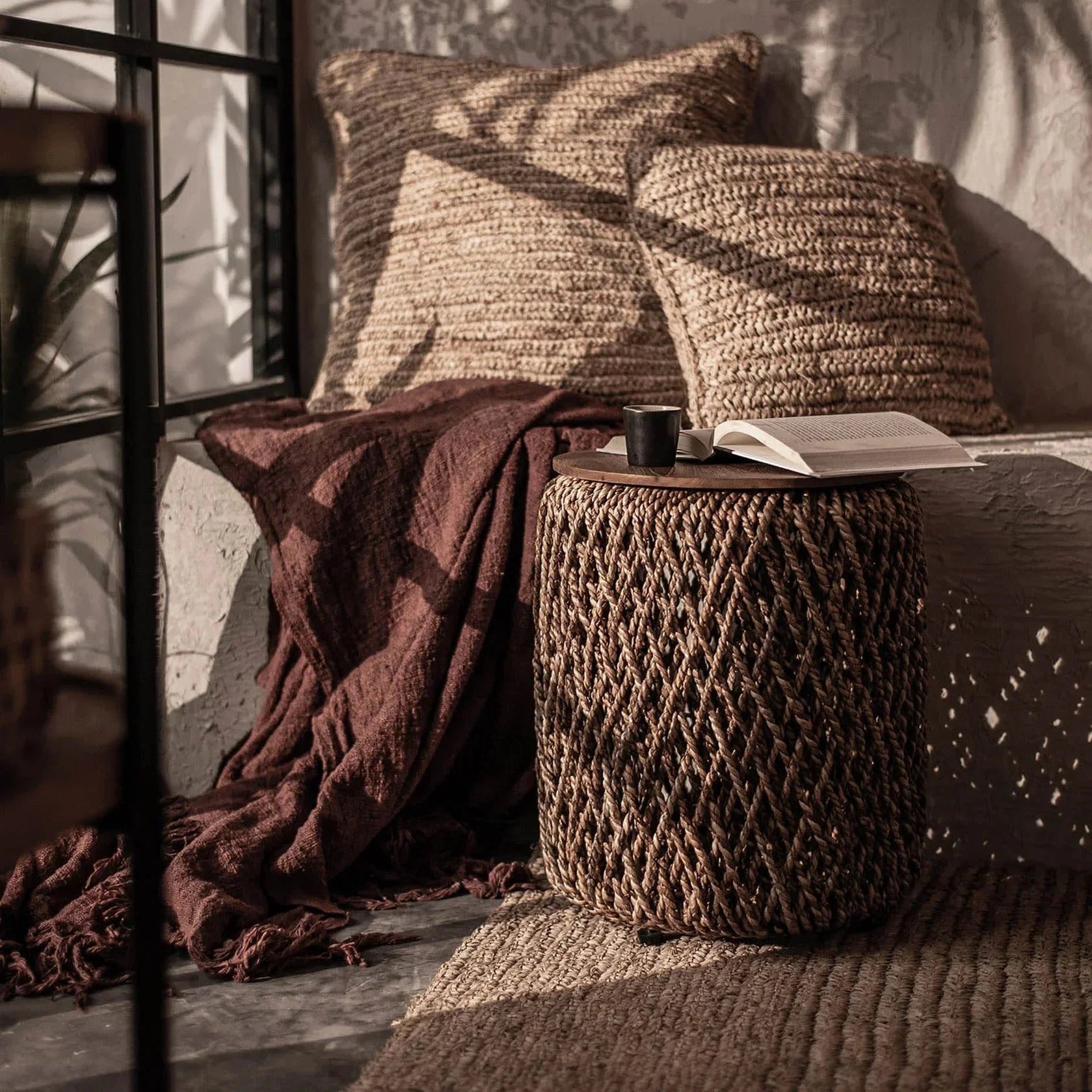 D-Bodhi Knut woven rope drum side table with natural wood lid