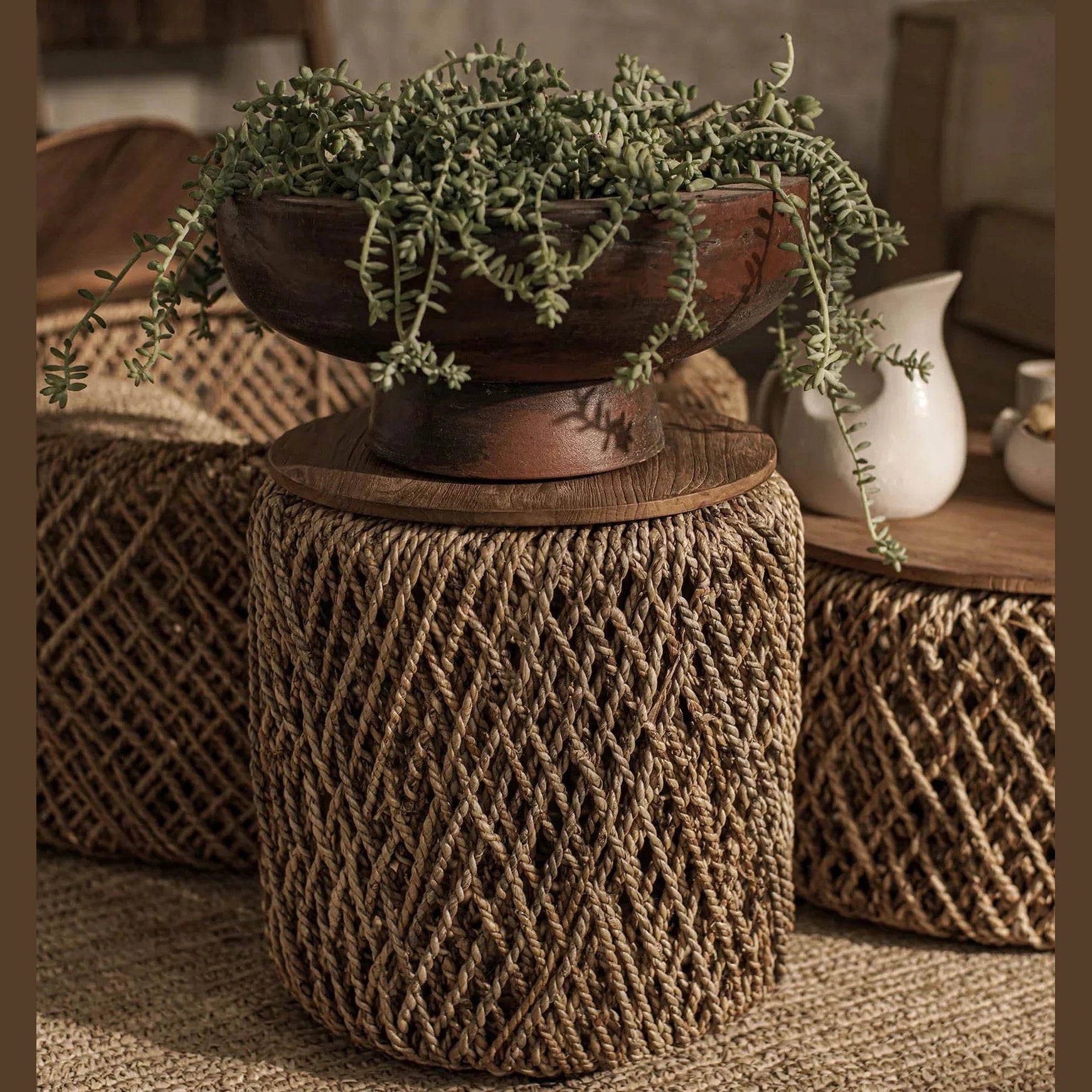 D-Bodhi Knut woven rope drum side table with natural wood lid