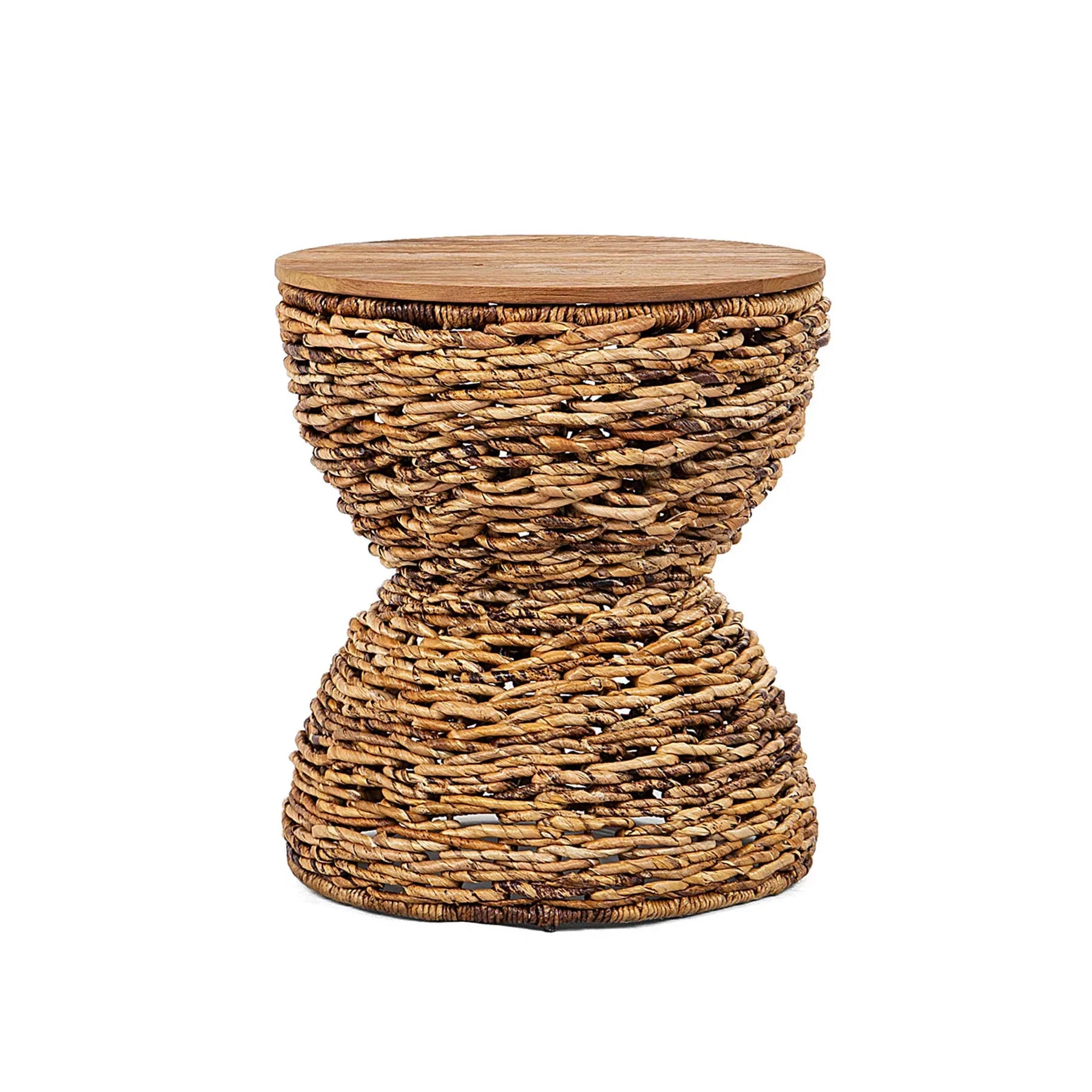 Front view of the D-Bodhi Rebana Alto side table featuring a hand-woven natural rattan hourglass base and a smooth circular reclaimed wood top
