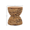 Product view highlighting the 13.5 inch diameter and 18.5 inch height dimensions of the hourglass rattan accent table