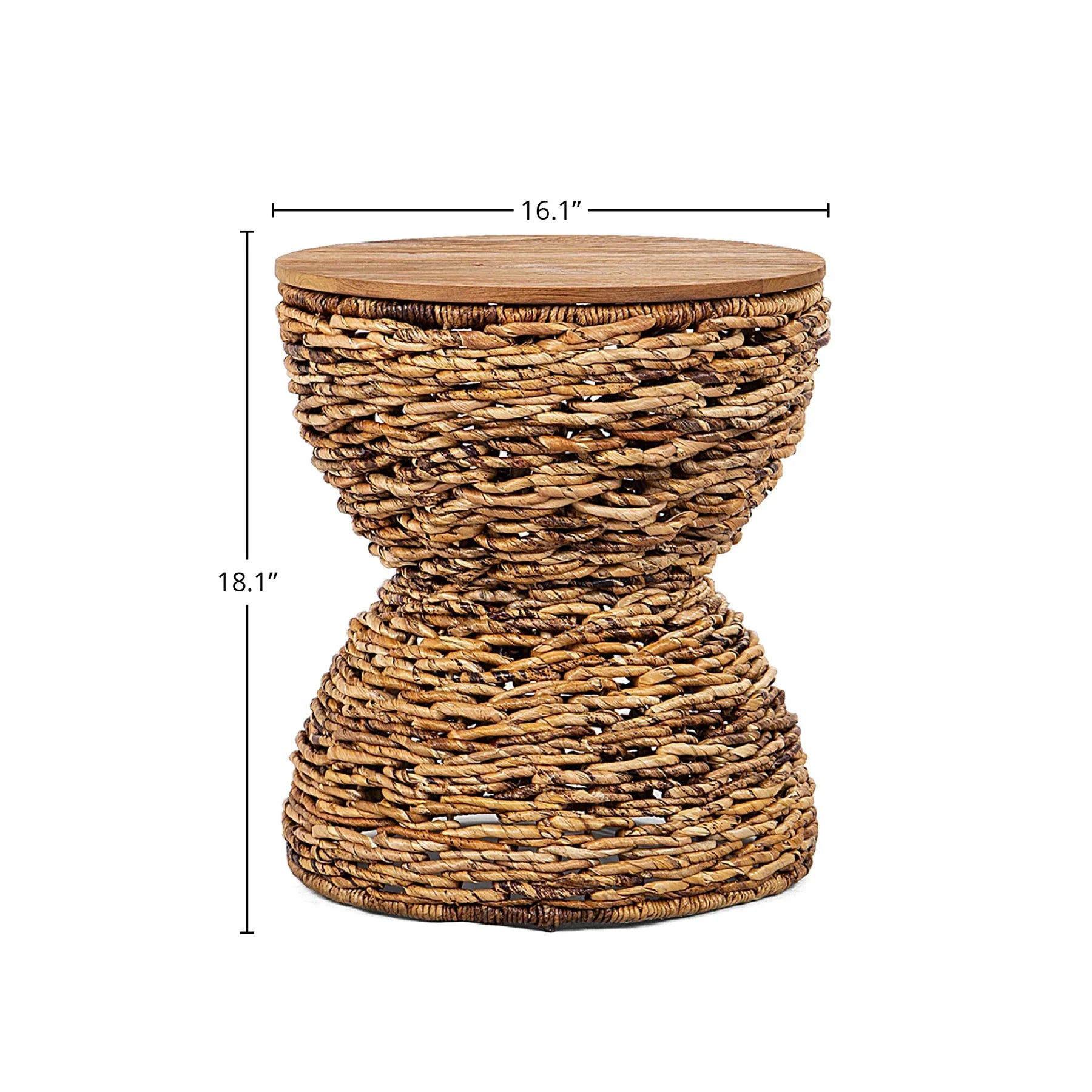 Front view of the D-Bodhi Rebana Alto side table featuring a hand-woven natural rattan hourglass base and a smooth circular reclaimed wood top