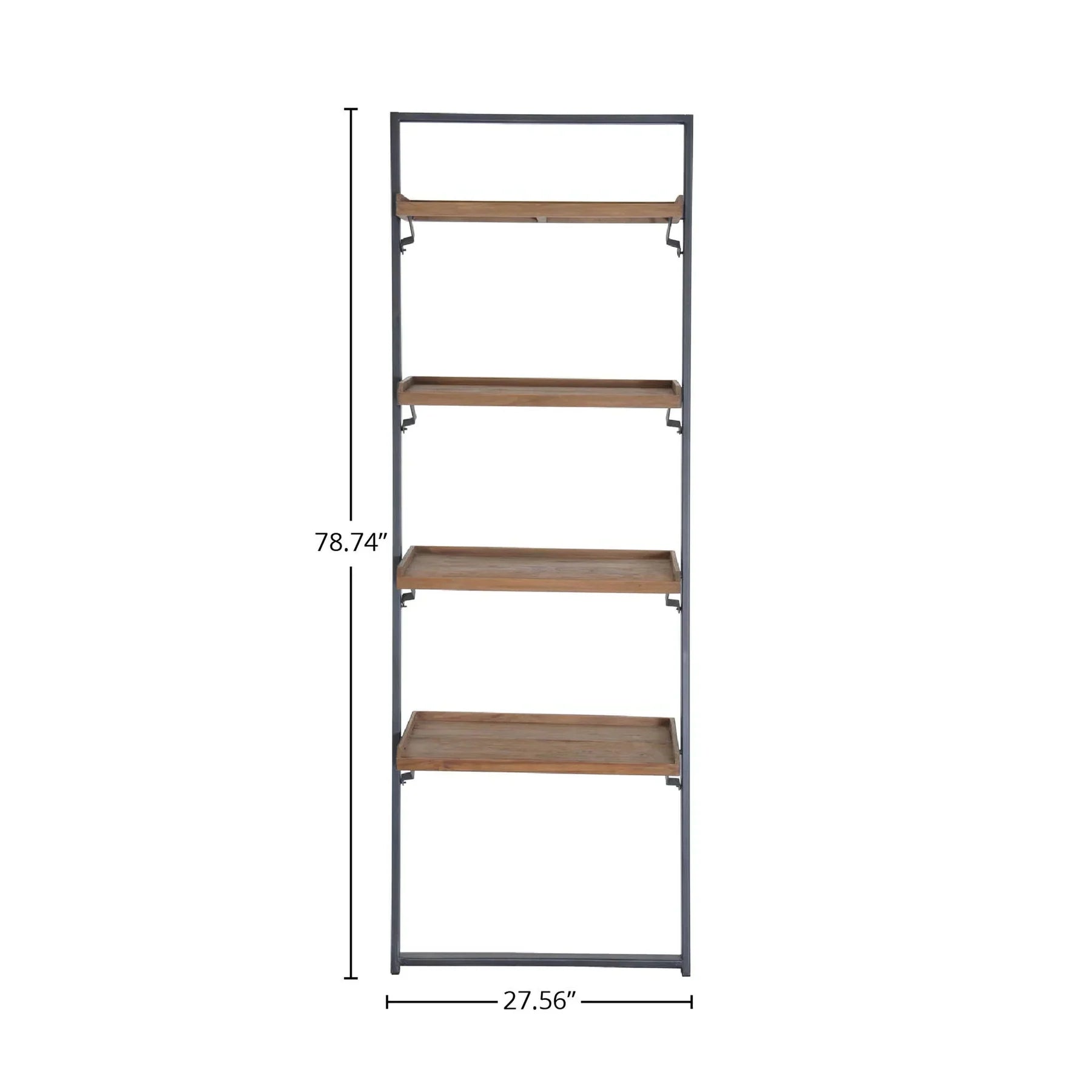 Straight-on front view of the D-Bodhi wall rack featuring a slim black metal frame and four reclaimed wood tray shelves