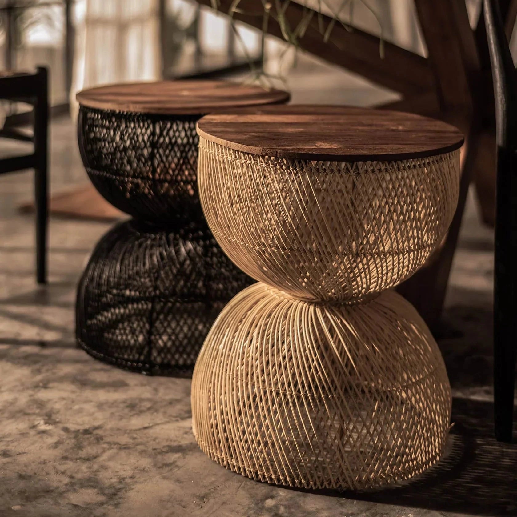 D-Bodhi Wave side table with natural woven abaca hourglass base and wood top