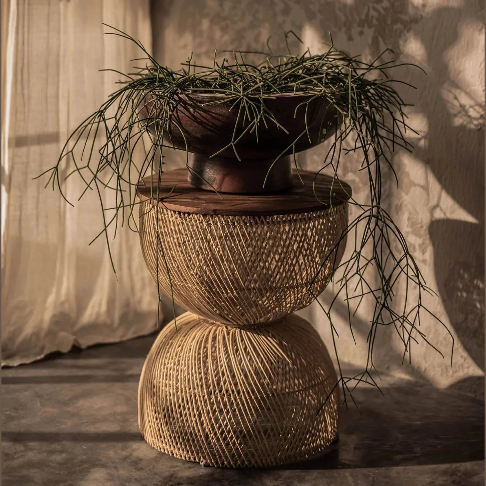 D-Bodhi Wave side table with natural woven abaca hourglass base and wood top