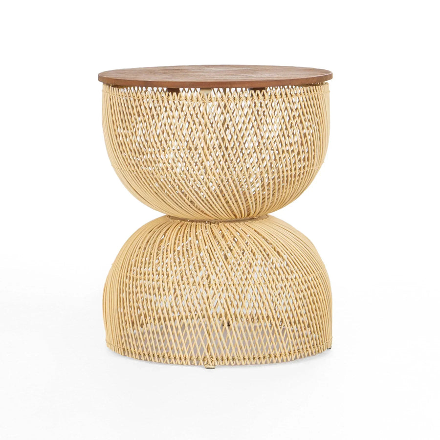 D-Bodhi Wave side table with natural woven abaca hourglass base and wood top