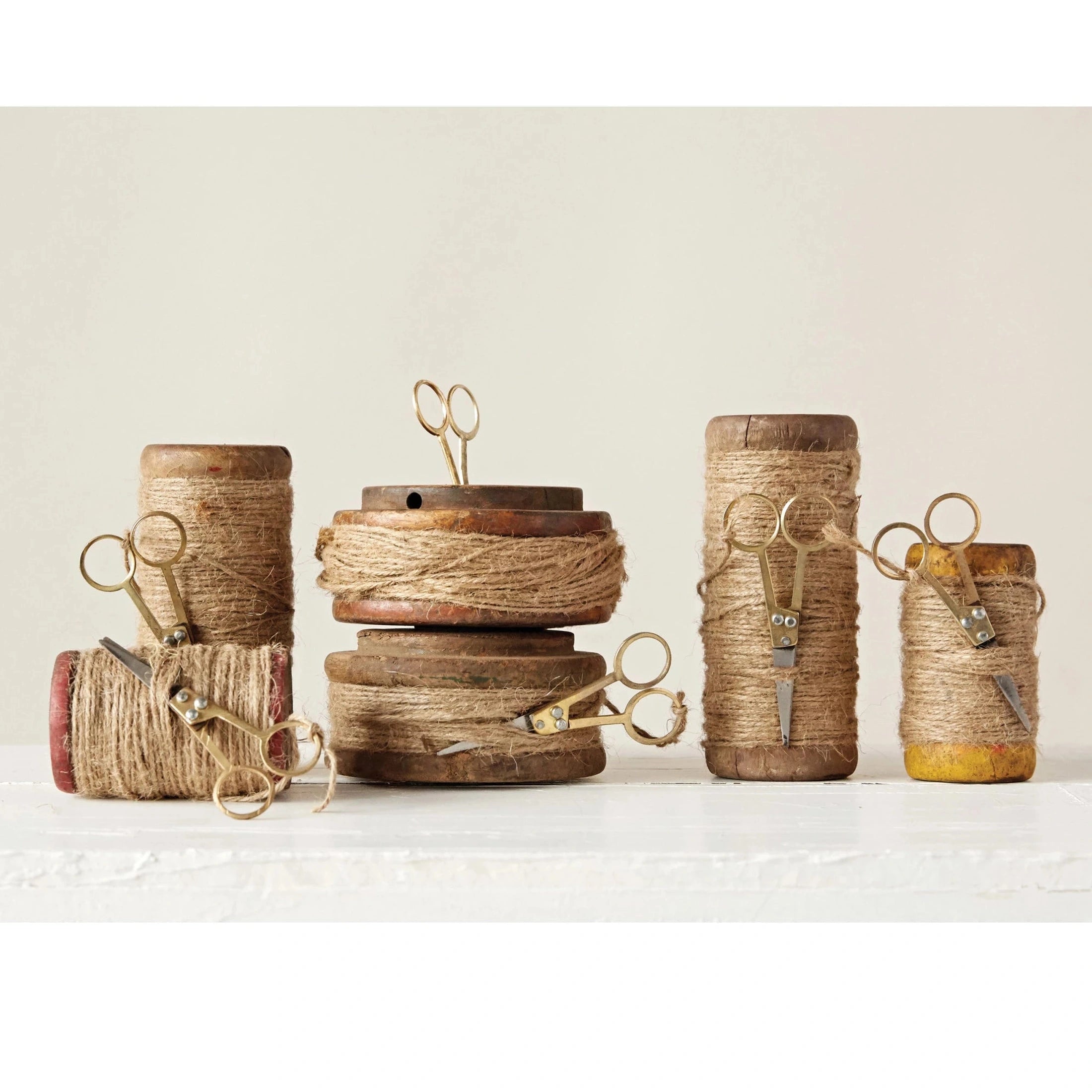 Found Wooden Spools with Jute and Scissors, Set of 3