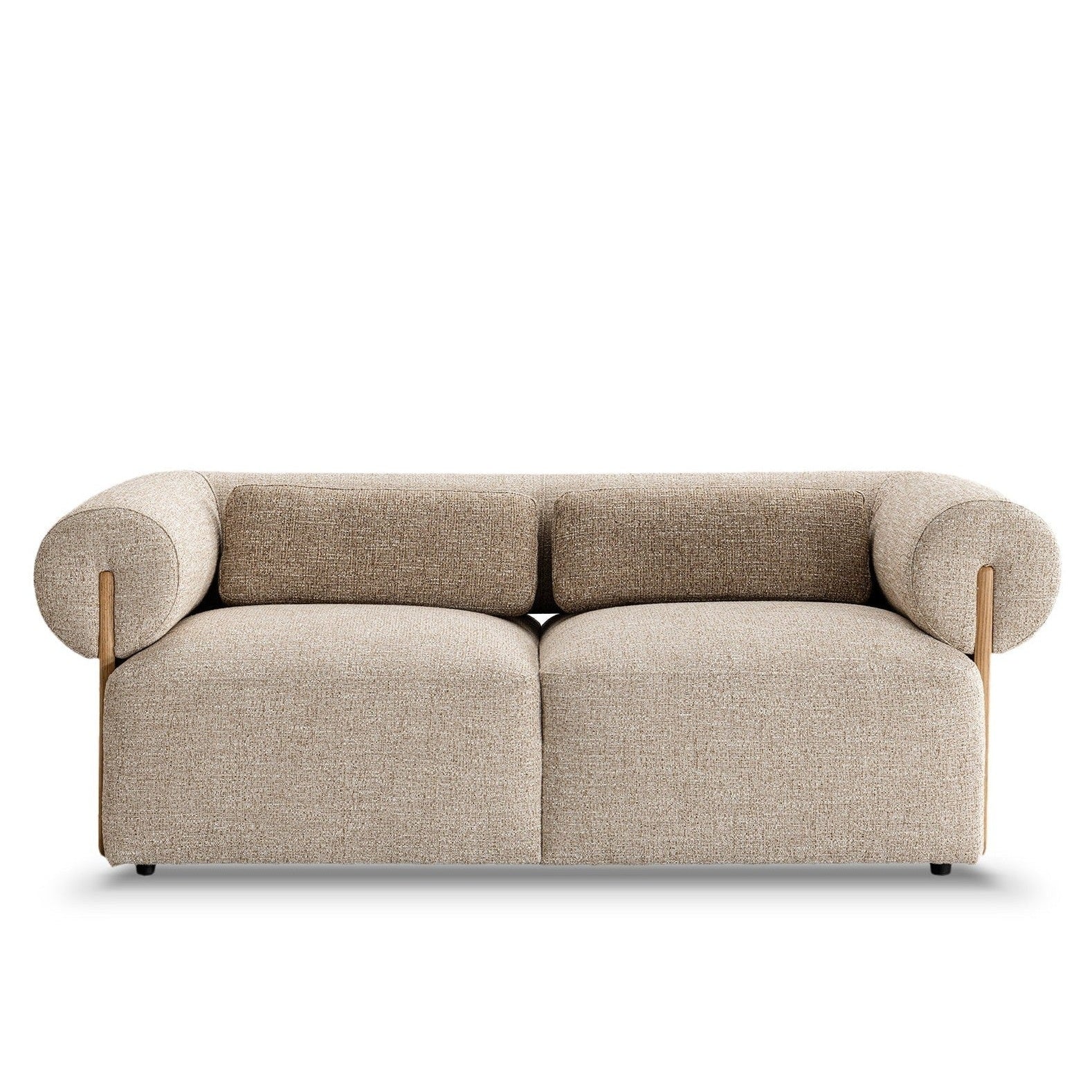 Front view of Dahlia 2-seater fabric loveseat with rounded bolsters in oatmeal