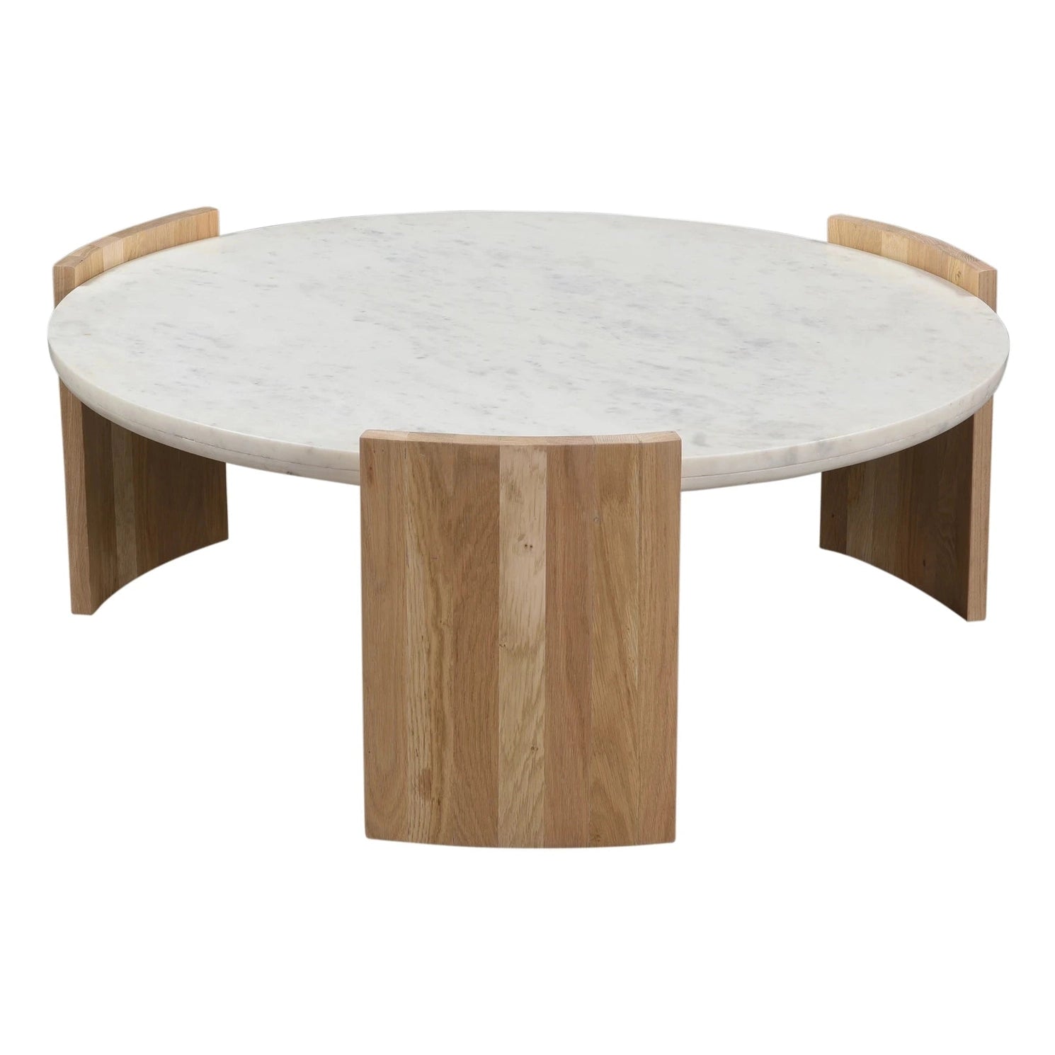 Three-quarter perspective highlighting the substantial marble surface and the organic curved profile of the light wood legs