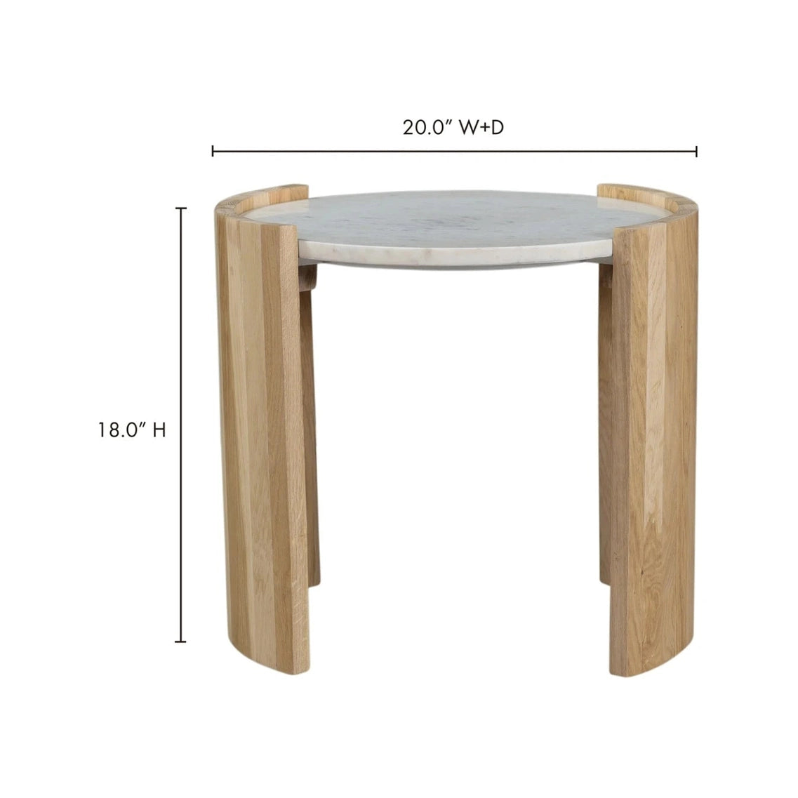 Product diagram showing the 18-inch height and 20-inch width and depth measurements for the Dala side table