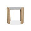 Front view of the Dala side table featuring a circular white marble top supported by a modern light oak wood frame