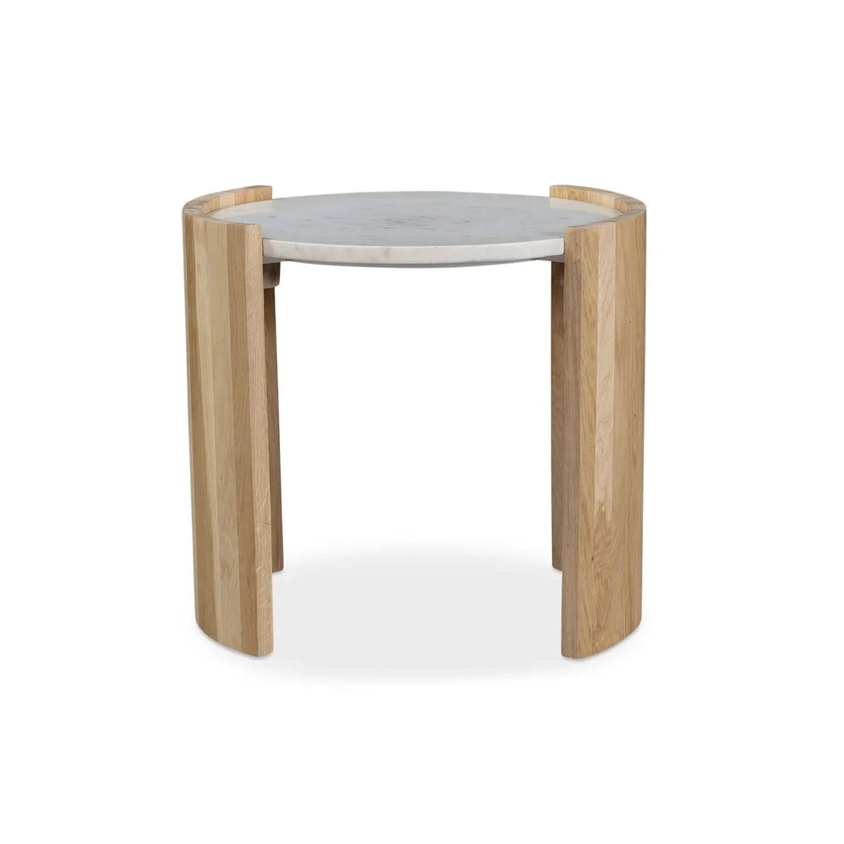Front view of the Dala side table featuring a circular white marble top supported by a modern light oak wood frame