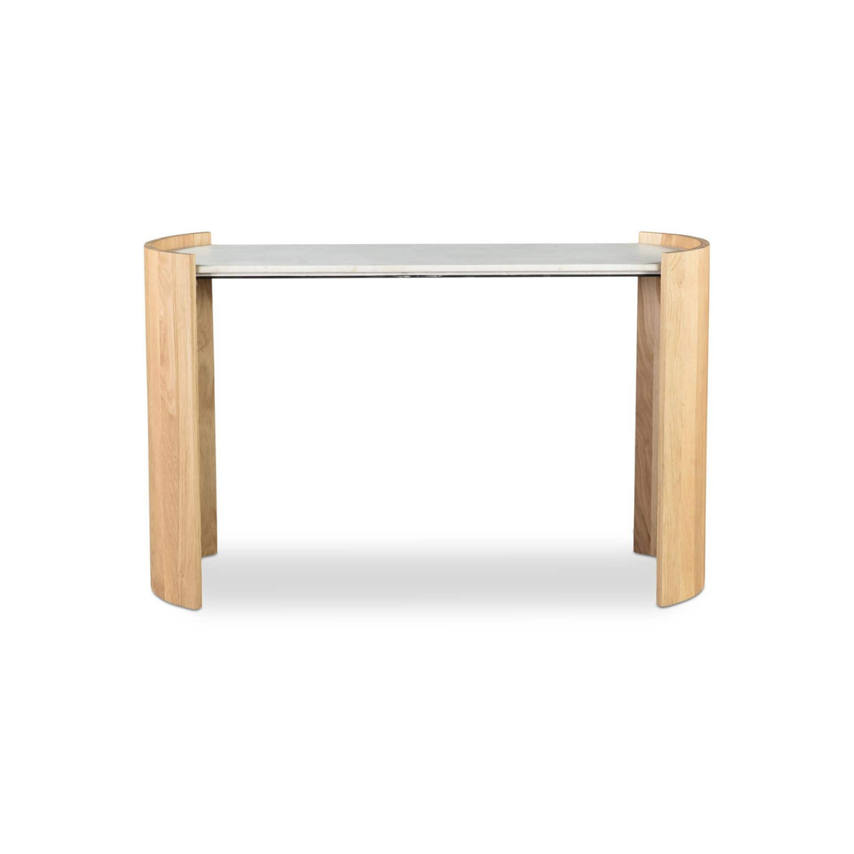 Front view of the Dala console table featuring a sleek white marble top nestled between two curved light oak wood pedestals