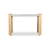 Front view of the Dala console table featuring a sleek white marble top nestled between two curved light oak wood pedestals