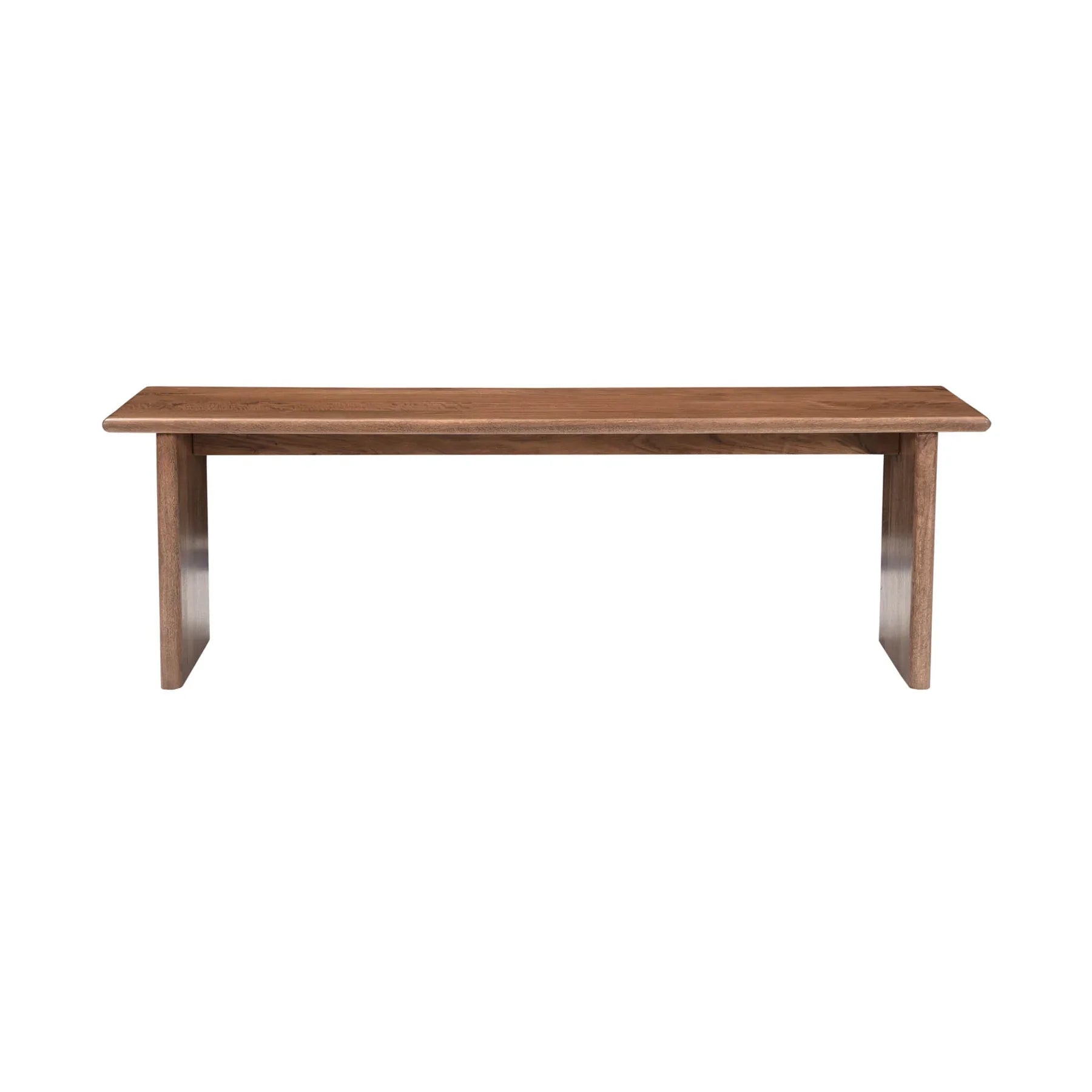 Front view of the Dallas dining bench in a rich walnut wood finish featuring a minimalist rectangular seat and thick slab legs