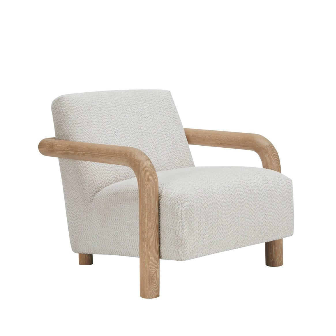 Front view of the Daris Accent Chair featuring light-textured herringbone fabric and light oak cylindrical armrests.